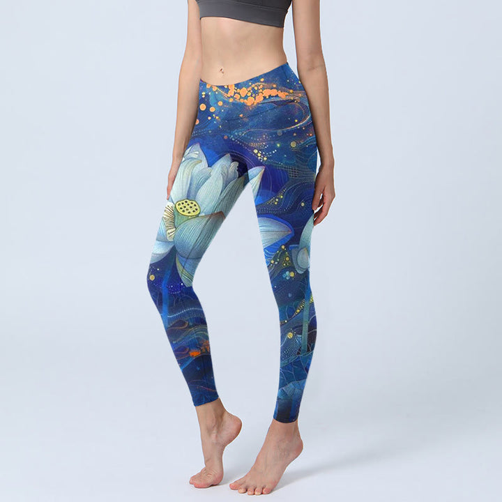Leggings de yoga para mujer con estampado de loto blanco floreciente y Buddha Stones - Azul acero - US18，UK/AU22，EU50 (4XL) - image 0