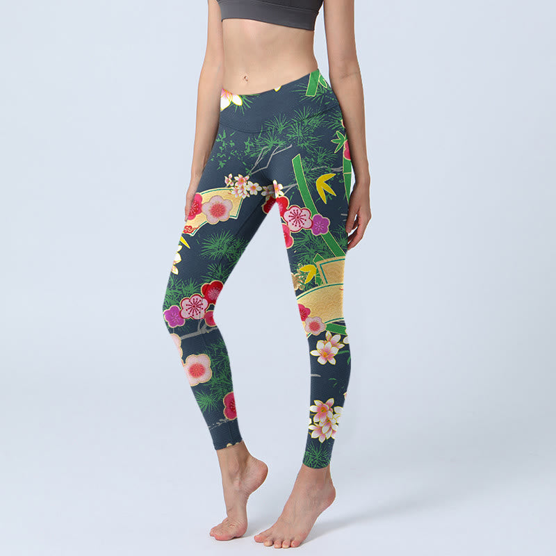 Leggings de yoga para mujer con estampado de Buddha Stones, flores de cerezo y bambú y pino - Verde oscuro - US18，UK/AU22，EU50 (4XL) - image 0