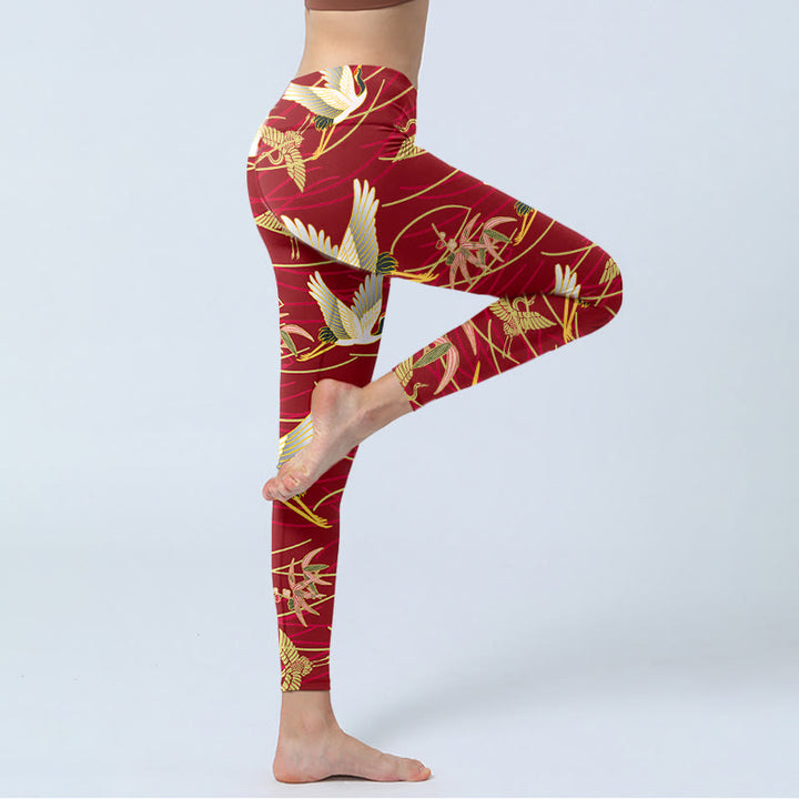 Leggings de yoga para mujer con estampado de grullas voladoras, ramas esbeltas y Buddha Stones - image 3