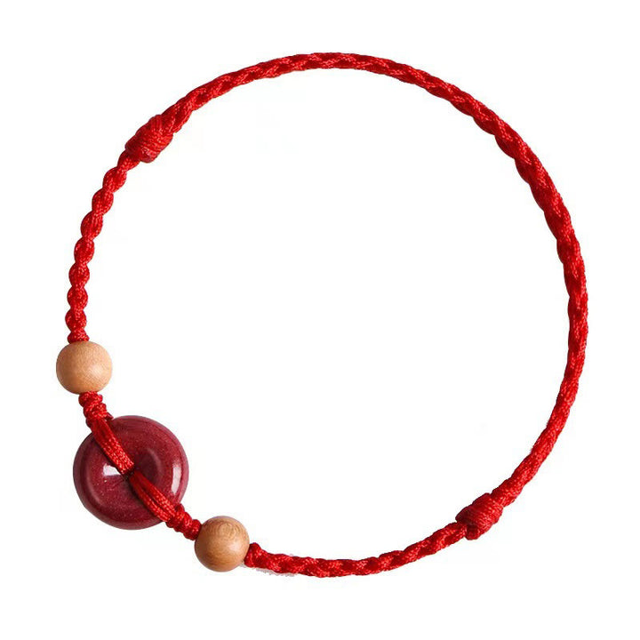 Pulsera tobillera con Buddha Stones, madera de melocotón, hebilla de la paz, hilo de cinabrio y riqueza
