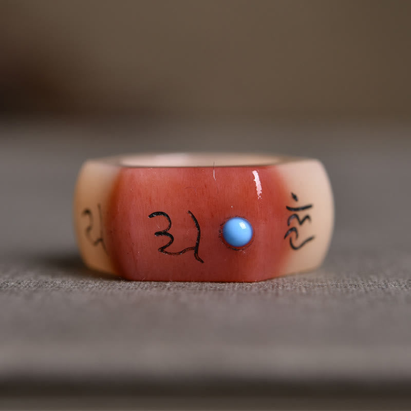 Anillo de protección tallado con Buddha Stones, hueso de camello, Om Mani Padme Hum