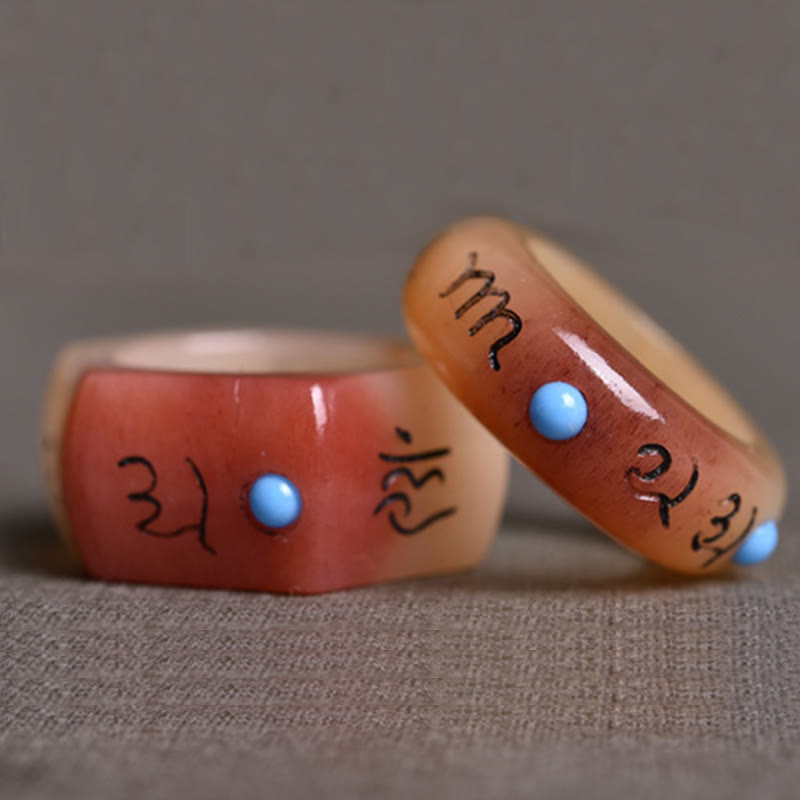 Anillo de protección tallado con Buddha Stones, hueso de camello, Om Mani Padme Hum
