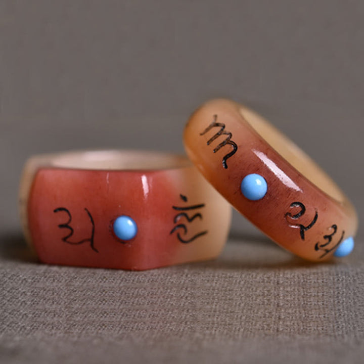 Anillo de protección tallado con Buddha Stones, hueso de camello, Om Mani Padme Hum