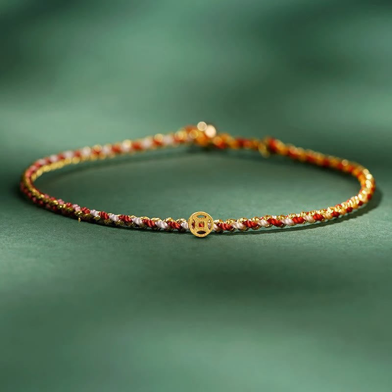 Pulsera trenzada extrafina con cuentas de moneda de la suerte y cuerda colorida de Buddha Stones - Rojo - Cuerda con moneda de cobre - 20 cm - image 8