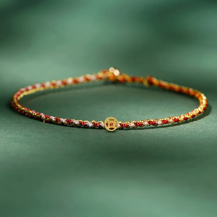 Pulsera trenzada extrafina con cuentas de moneda de la suerte y cuerda colorida de Buddha Stones - Rojo - Cuerda con moneda de cobre - 20 cm - image 8