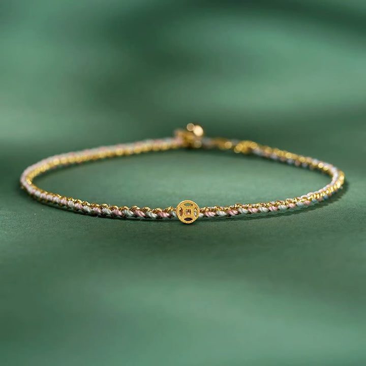Pulsera trenzada extrafina con cuentas de moneda de la suerte y cuerda colorida de Buddha Stones - rosa claro - Cuerda con moneda de cobre - 20 cm - image 11