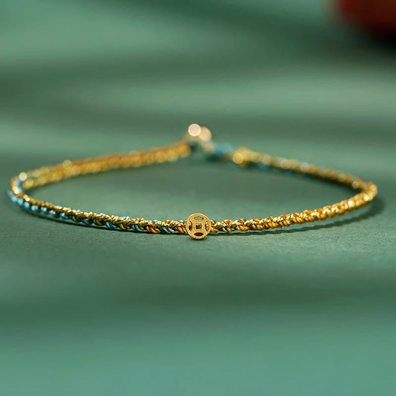 Pulsera trenzada extrafina con cuentas de moneda de la suerte y cuerda colorida de Buddha Stones - Verde - Cuerda con moneda de cobre - 20 cm - image 13