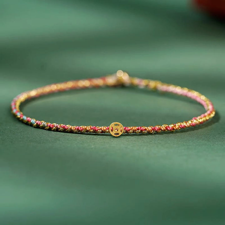 Pulsera trenzada extrafina con cuentas de moneda de la suerte y cuerda colorida de Buddha Stones - Rosa - Cuerda con moneda de cobre - 20 cm - image 17