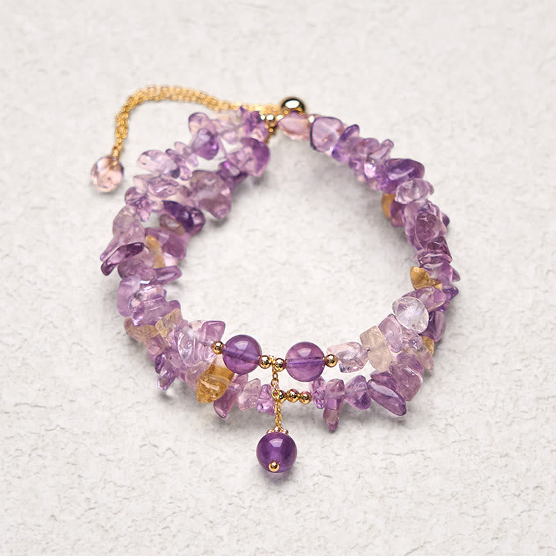 Pulsera de meditación de doble capa con Buddha Stones irregulares de amatista, citrino y grava natural