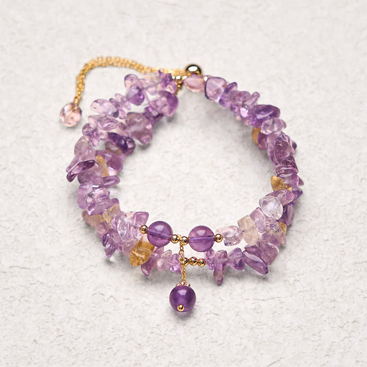 Pulsera de meditación de doble capa con Buddha Stones irregulares de amatista, citrino y grava natural
