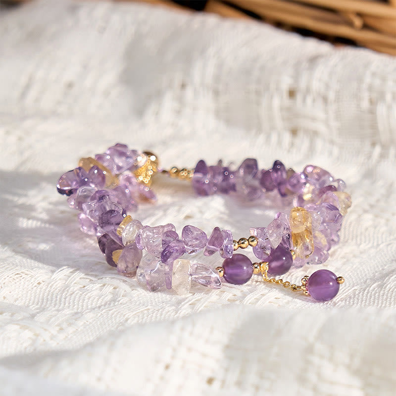 Pulsera de meditación de doble capa con Buddha Stones irregulares de amatista, citrino y grava natural