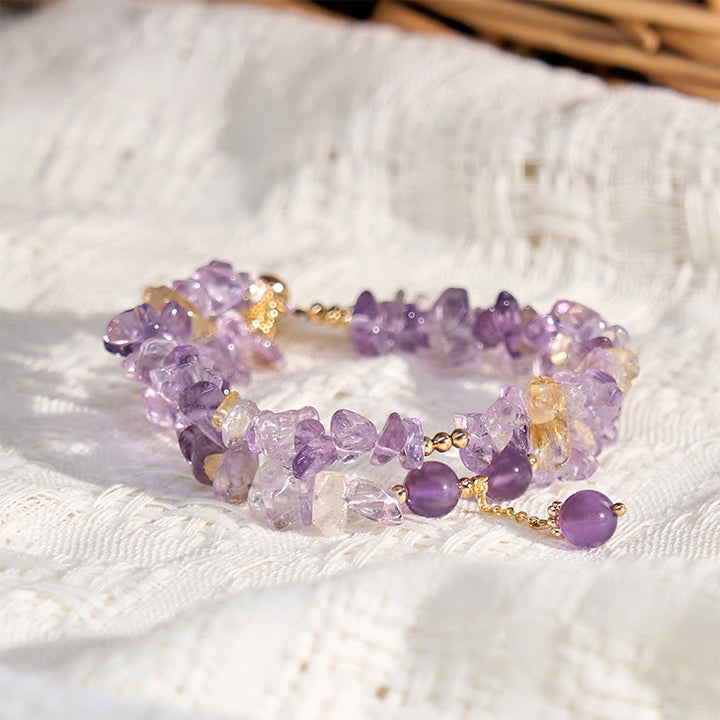 Pulsera de meditación de doble capa con Buddha Stones irregulares de amatista, citrino y grava natural