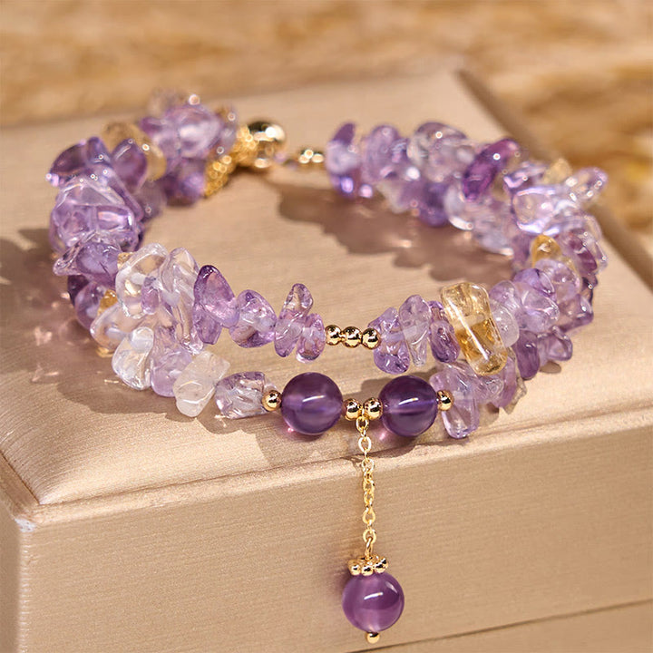 Pulsera de meditación de doble capa con Buddha Stones irregulares de amatista, citrino y grava natural