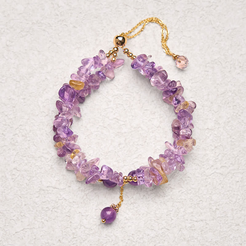 Pulsera de meditación de doble capa con Buddha Stones irregulares de amatista, citrino y grava natural