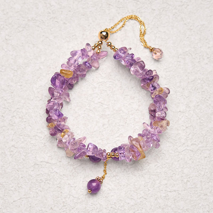 Pulsera de meditación de doble capa con Buddha Stones irregulares de amatista, citrino y grava natural