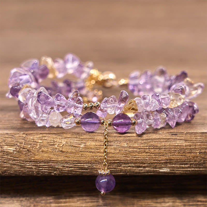 Pulsera de meditación de doble capa con Buddha Stones irregulares de amatista, citrino y grava natural