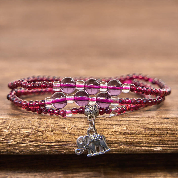 Pulsera de triple vuelta con protección PiXiu, elefante, ábaco y granate natural con Buddha Stones y bolsa de la suerte