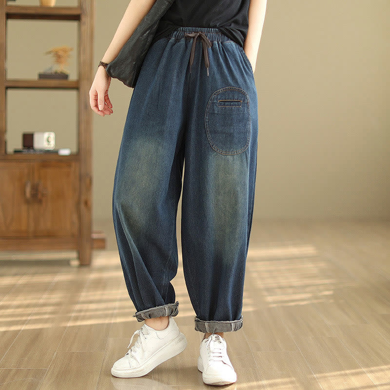Pantalones harén de algodón con cordón ajustable para mujer, informales, color azul pizarra oscuro, con bolsillos, de Buddha Stones - image 1