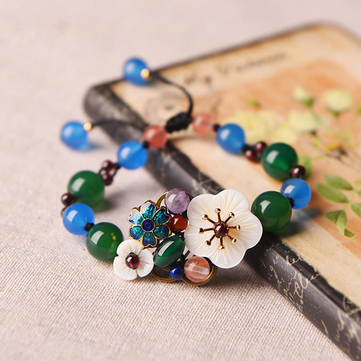 Pulsera de soporte con flor de concha de ágata y Buddha Stones