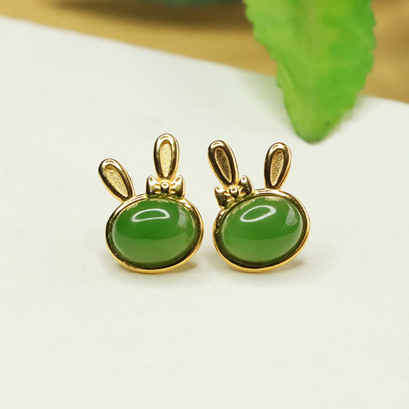 Pendientes de botón con forma de conejo de la suerte y Buddha Stones en plata de ley 925 con jade cian hetiano - Jade cian hetiano (Éxito ♥Curación) - image 0