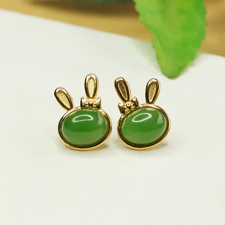 Pendientes de botón con forma de conejo de la suerte y Buddha Stones en plata de ley 925 con jade cian hetiano - Jade cian hetiano (Éxito ♥Curación) - image 0