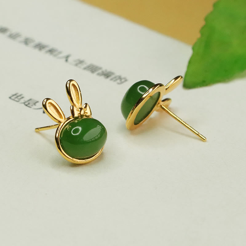 Pendientes de botón con forma de conejo de la suerte y Buddha Stones en plata de ley 925 con jade cian hetiano - image 2
