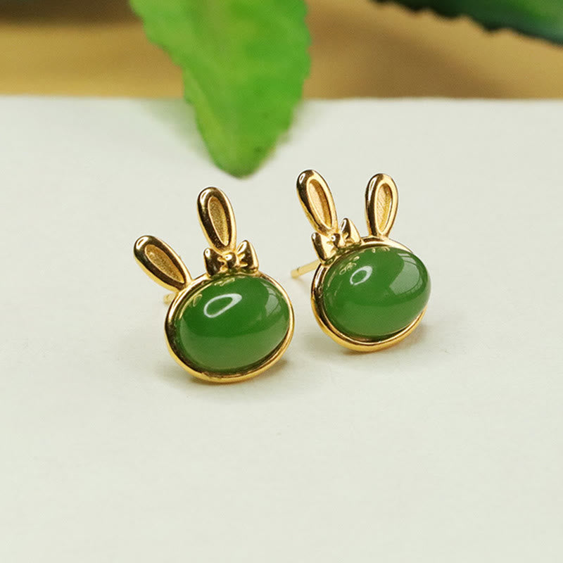 Pendientes de botón con forma de conejo de la suerte y Buddha Stones en plata de ley 925 con jade cian hetiano