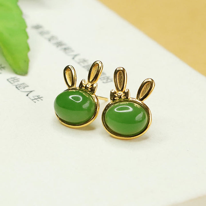 Pendientes de botón con forma de conejo de la suerte y Buddha Stones en plata de ley 925 con jade cian hetiano - image 3