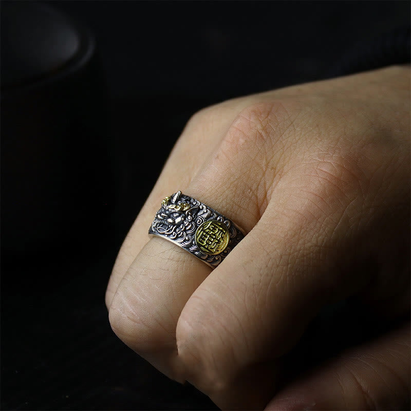 Anillo ajustable de plata de ley 925 con Buddha Stones , PiXiu, moneda de cobre y latón para la riqueza y la suerte.