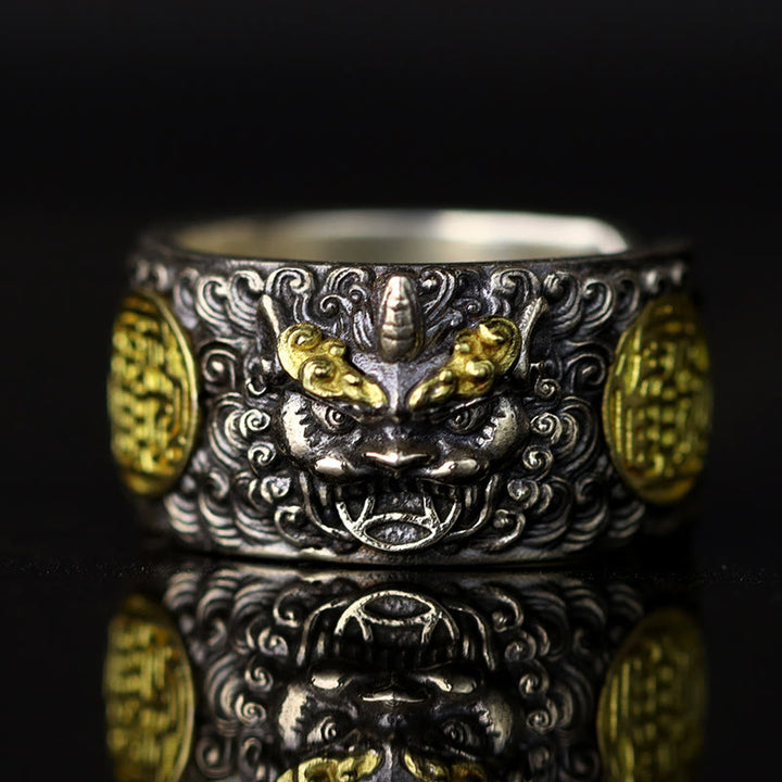 Anillo ajustable de plata de ley 925 con Buddha Stones , PiXiu, moneda de cobre y latón para la riqueza y la suerte.