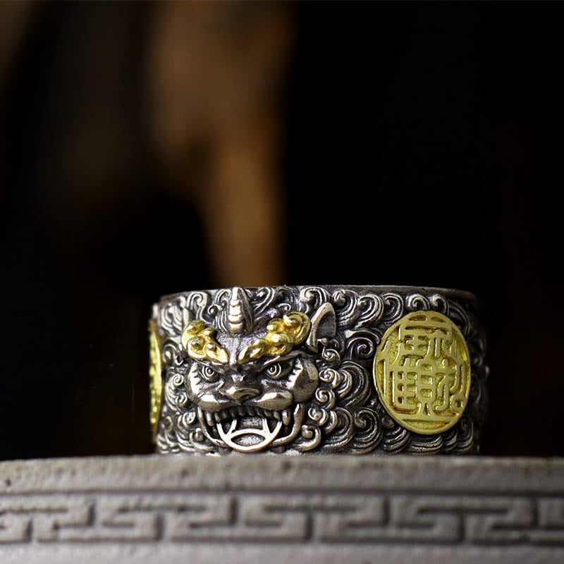 Anillo ajustable de plata de ley 925 con Buddha Stones , PiXiu, moneda de cobre y latón para la riqueza y la suerte.