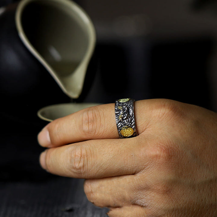 Anillo ajustable de plata de ley 925 con Buddha Stones , PiXiu, moneda de cobre y latón para la riqueza y la suerte.