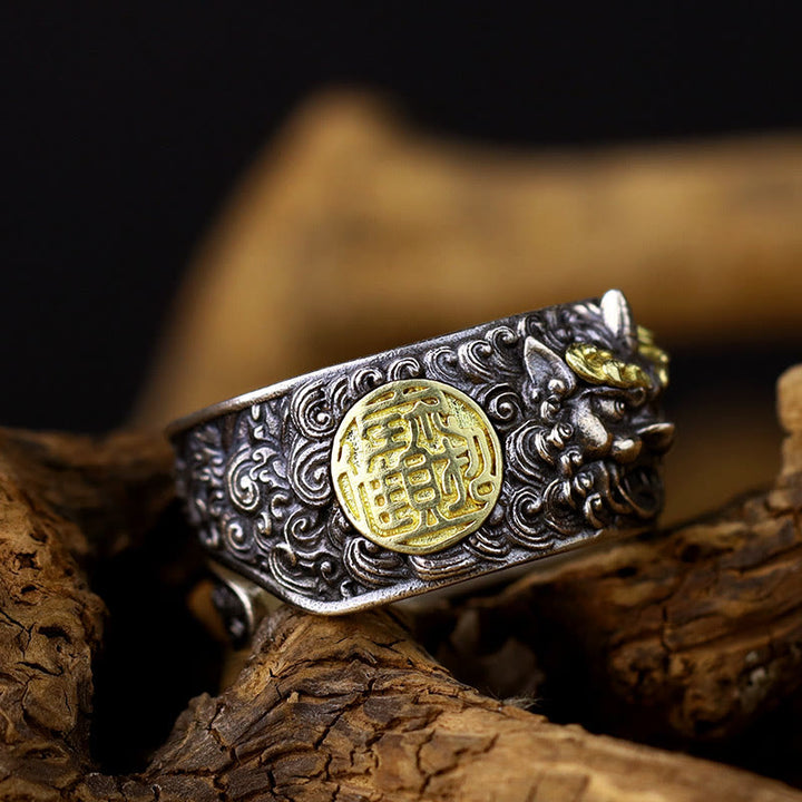 Anillo ajustable de plata de ley 925 con Buddha Stones , PiXiu, moneda de cobre y latón para la riqueza y la suerte.