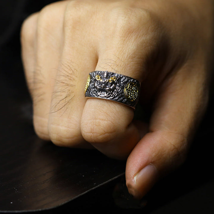 Anillo ajustable de plata de ley 925 con Buddha Stones , PiXiu, moneda de cobre y latón para la riqueza y la suerte.