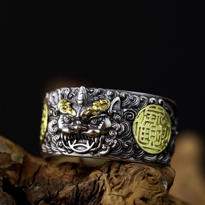 Anillo ajustable de plata de ley 925 con Buddha Stones , PiXiu, moneda de cobre y latón para la riqueza y la suerte.