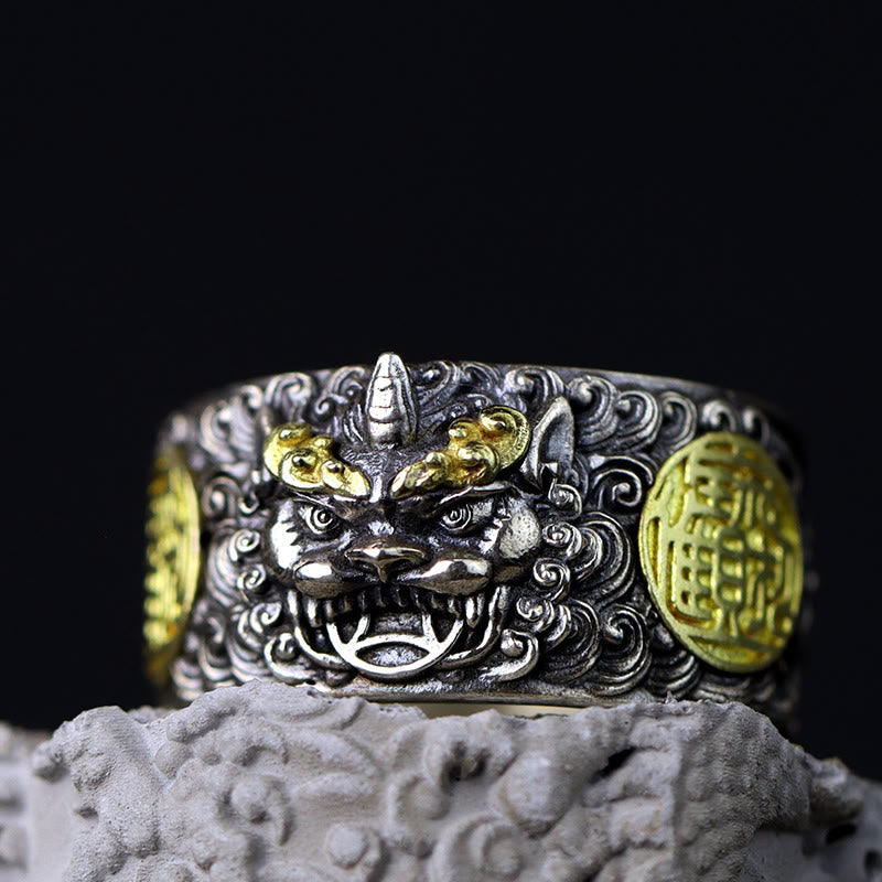 Anillo ajustable de plata de ley 925 con Buddha Stones , PiXiu, moneda de cobre y latón para la riqueza y la suerte.