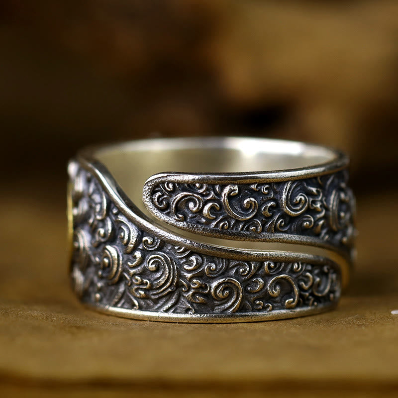 Anillo ajustable de plata de ley 925 con Buddha Stones , PiXiu, moneda de cobre y latón para la riqueza y la suerte.