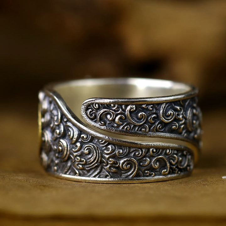 Anillo ajustable de plata de ley 925 con Buddha Stones , PiXiu, moneda de cobre y latón para la riqueza y la suerte.
