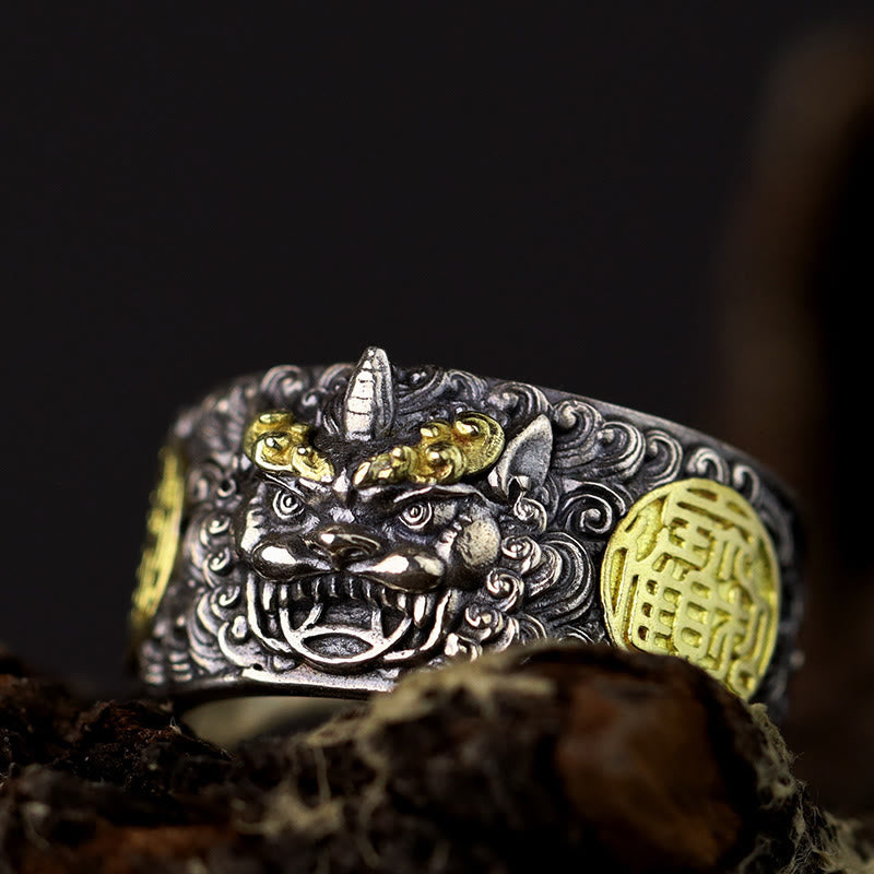 Anillo ajustable de plata de ley 925 con Buddha Stones , PiXiu, moneda de cobre y latón para la riqueza y la suerte.