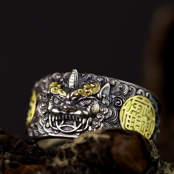 Anillo ajustable de plata de ley 925 con Buddha Stones , PiXiu, moneda de cobre y latón para la riqueza y la suerte.