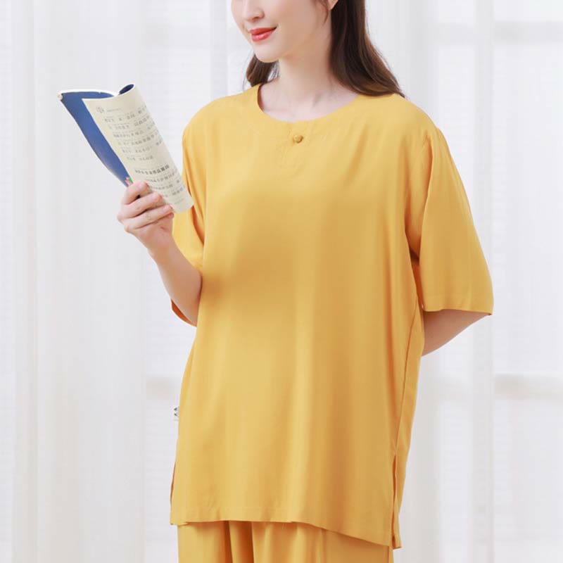 Buddha Stones de 2 piezas de camisa de media manga con cuello redondo, diseño simple, botones de rana, cintura elástica, pantalones de meditación, zen, tai chi, de algodón, para mujer