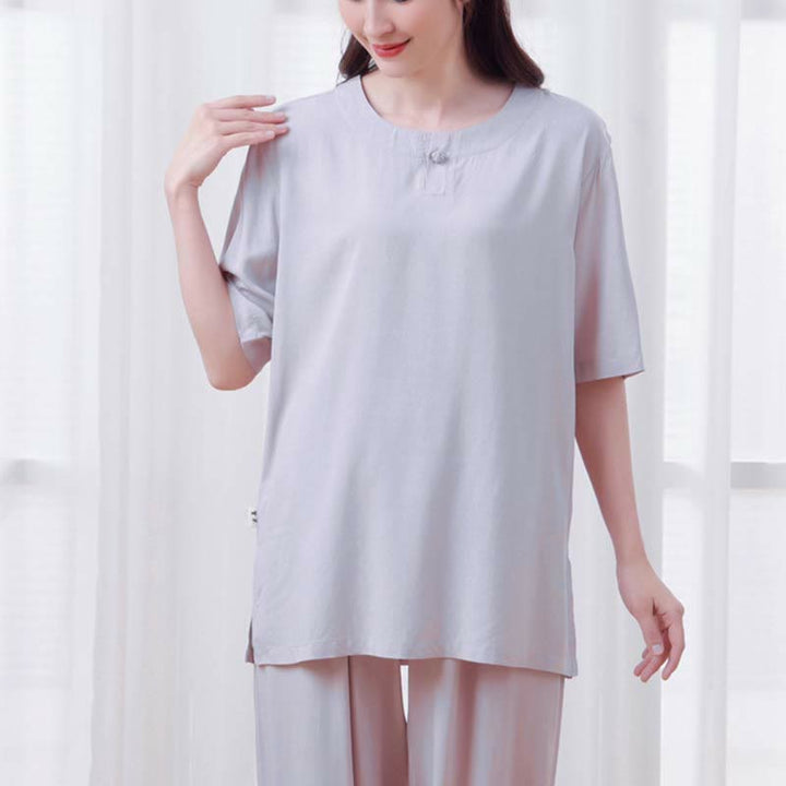 Buddha Stones de 2 piezas de camisa de media manga con cuello redondo, diseño simple, botones de rana, cintura elástica, pantalones de meditación, zen, tai chi, de algodón, para mujer