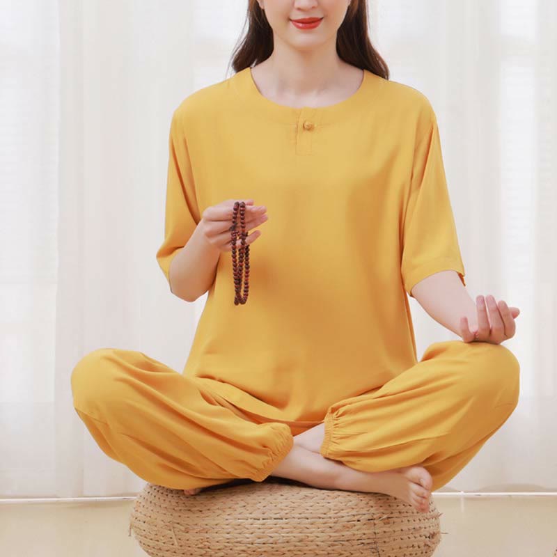 Buddha Stones de 2 piezas de camisa de media manga con cuello redondo, diseño simple, botones de rana, cintura elástica, pantalones de meditación, zen, tai chi, de algodón, para mujer