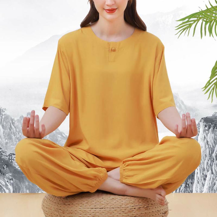 Buddha Stones de 2 piezas de camisa de media manga con cuello redondo, diseño simple, botones de rana, cintura elástica, pantalones de meditación, zen, tai chi, de algodón, para mujer