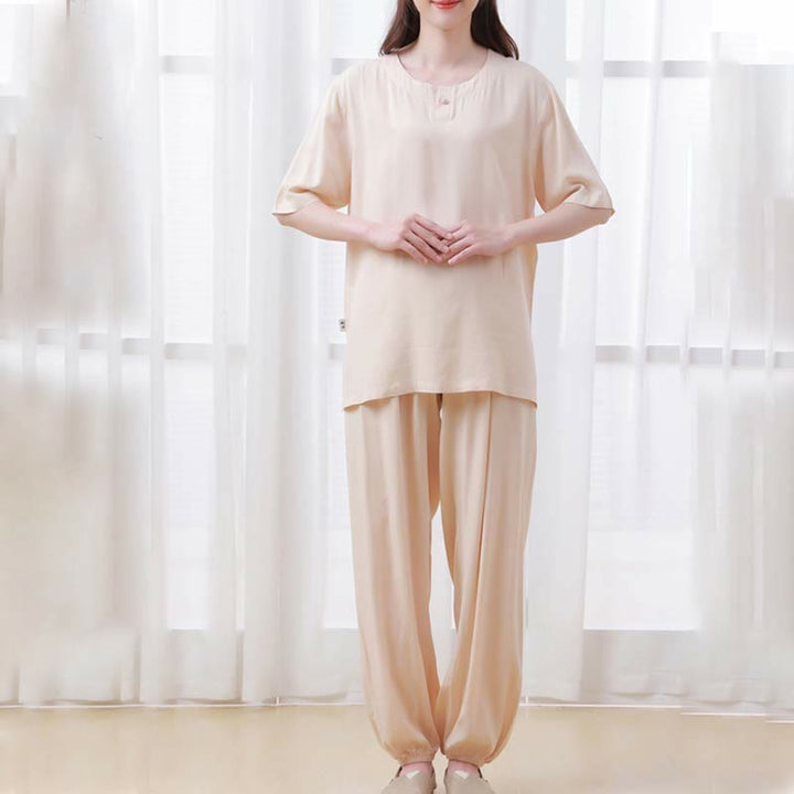 Buddha Stones de 2 piezas de camisa de media manga con cuello redondo, diseño simple, botones de rana, cintura elástica, pantalones de meditación, zen, tai chi, de algodón, para mujer - image 5