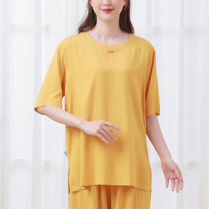 Buddha Stones de 2 piezas de camisa de media manga con cuello redondo, diseño simple, botones de rana, cintura elástica, pantalones de meditación, zen, tai chi, de algodón, para mujer