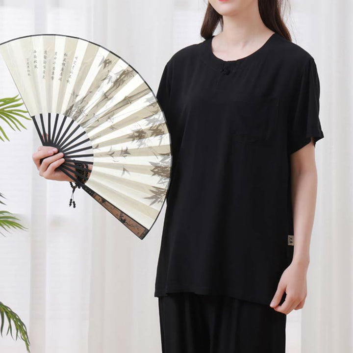 Buddha Stones de 2 piezas de camisa de media manga con cuello redondo, diseño simple, botones de rana, cintura elástica, pantalones de meditación, zen, tai chi, de algodón, para mujer