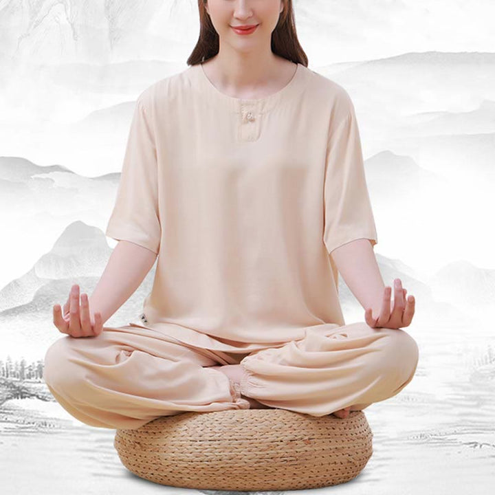 Buddha Stones de 2 piezas de camisa de media manga con cuello redondo, diseño simple, botones de rana, cintura elástica, pantalones de meditación, zen, tai chi, de algodón, para mujer - image 1