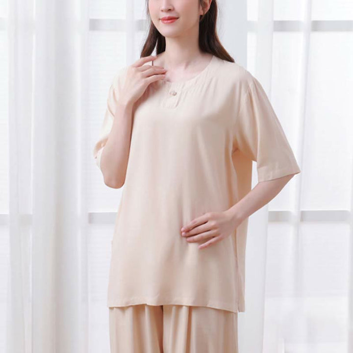 Buddha Stones de 2 piezas de camisa de media manga con cuello redondo, diseño simple, botones de rana, cintura elástica, pantalones de meditación, zen, tai chi, de algodón, para mujer - image 3