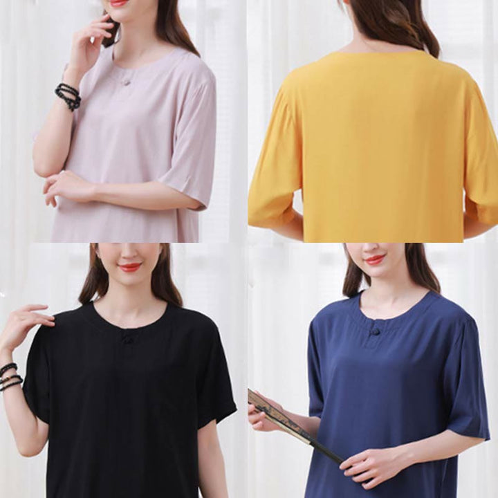 Buddha Stones de 2 piezas de camisa de media manga con cuello redondo, diseño simple, botones de rana, cintura elástica, pantalones de meditación, zen, tai chi, de algodón, para mujer